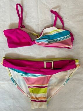 Girls' Hot Pink & Multi-Stripe Bikini Set